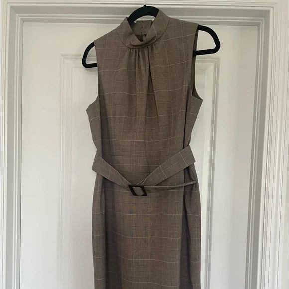 Michael Kors Plaid Belted Sleeveless Midi Dress Brown Size 12 - Picture 2 of 12